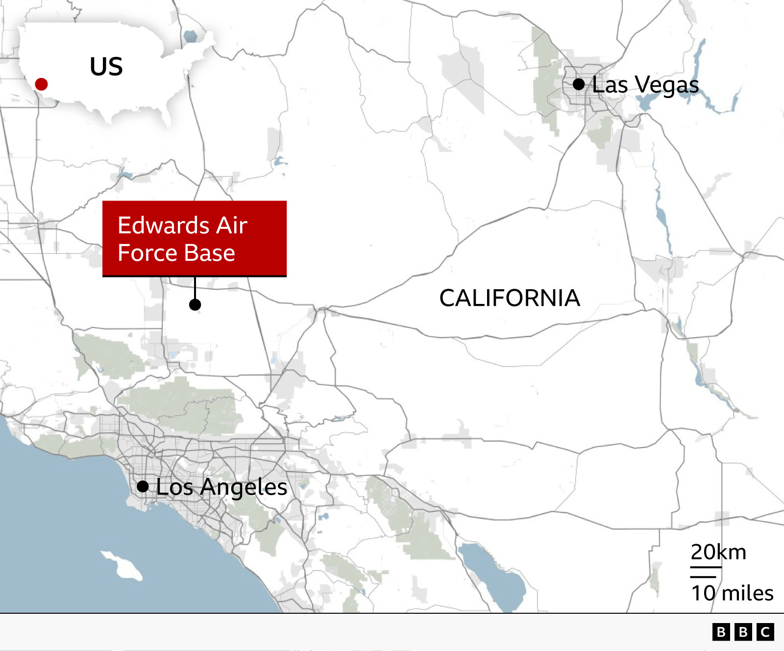 BBC map showing the location of Edwards Air Force Base in California, around 65 miles (100km) north of Los Angeles. Las Vegas is shown further to the northeast. An inset globe at the top left shows the location of California on the west coast of the United States.