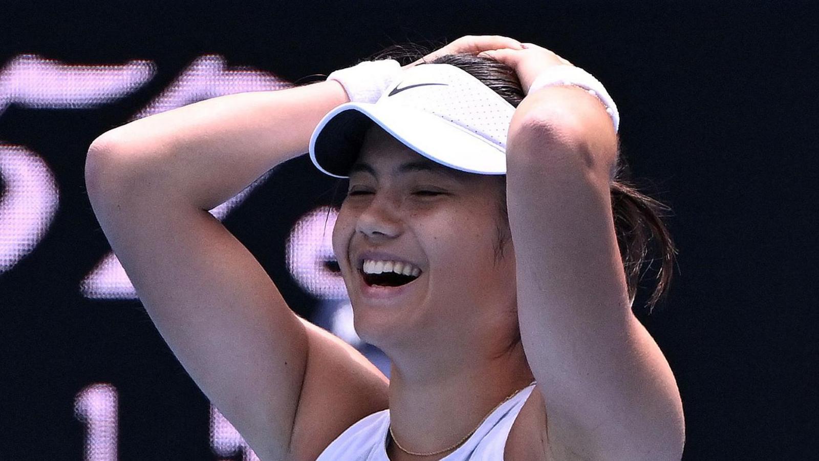 Emma Raducanu celebrates beating Amanda Anisimova astatine  the Australian Open