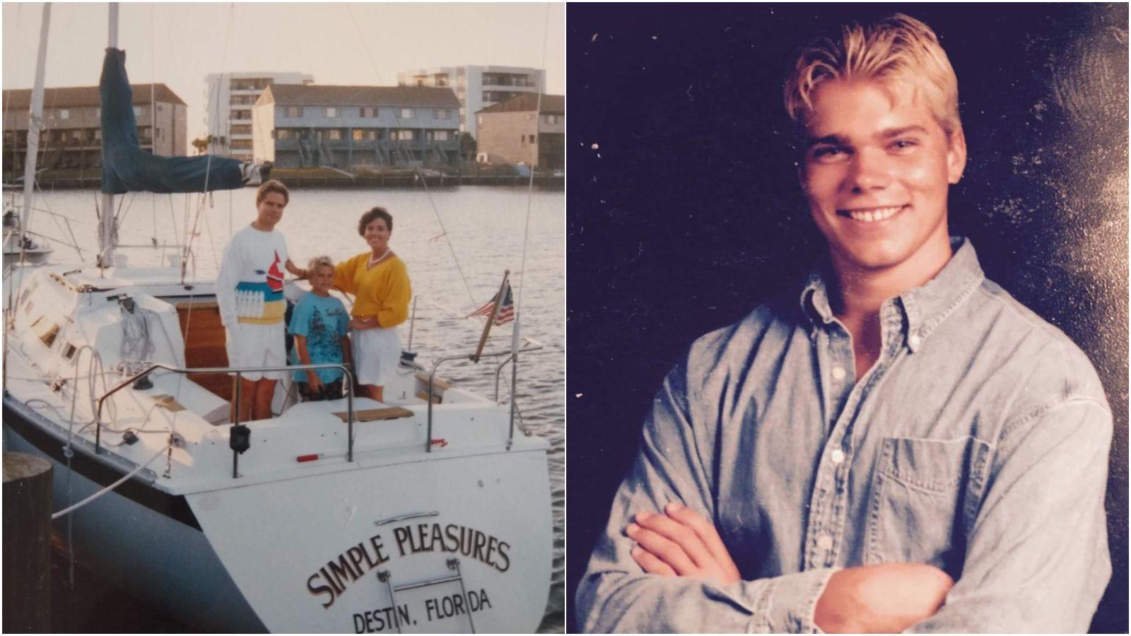 Brent, Holly and Brent's dad on the left on a ship - they wear sailing clothes and stand on a boat called the simple pleasures. Brent is also picture in a separate picture on the right- he is a blonde young man in a blue denim shirt. 