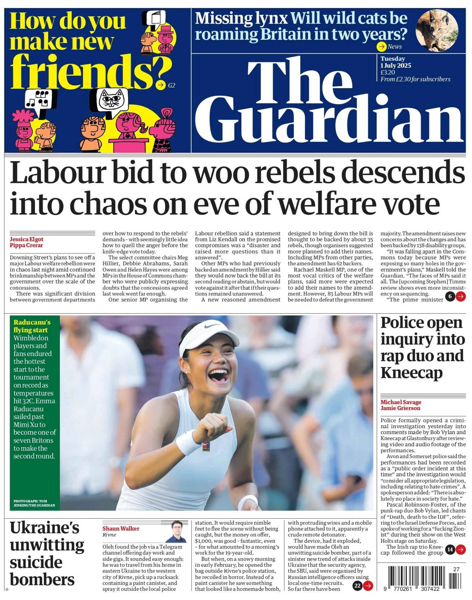 "Labour bid to woo rebels descends into chaos on eve of welfare vote" reads the headline on the front page of The Guardian.