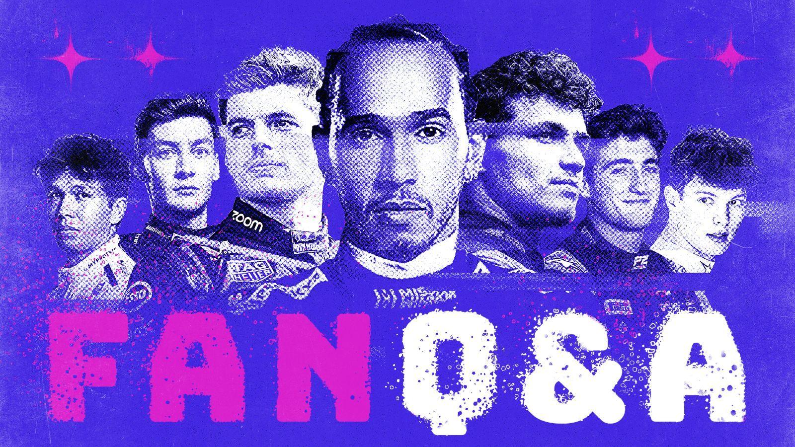 Graphic representation  of, from near  to right, Alex Albon, George Russell, Max Verstappen, Lewis Hamilton, Lando Norris, Jack Doohan and Oliver Bearman. It is connected  a bluish  inheritance  with 'Fan Q&A' beneath  the drivers