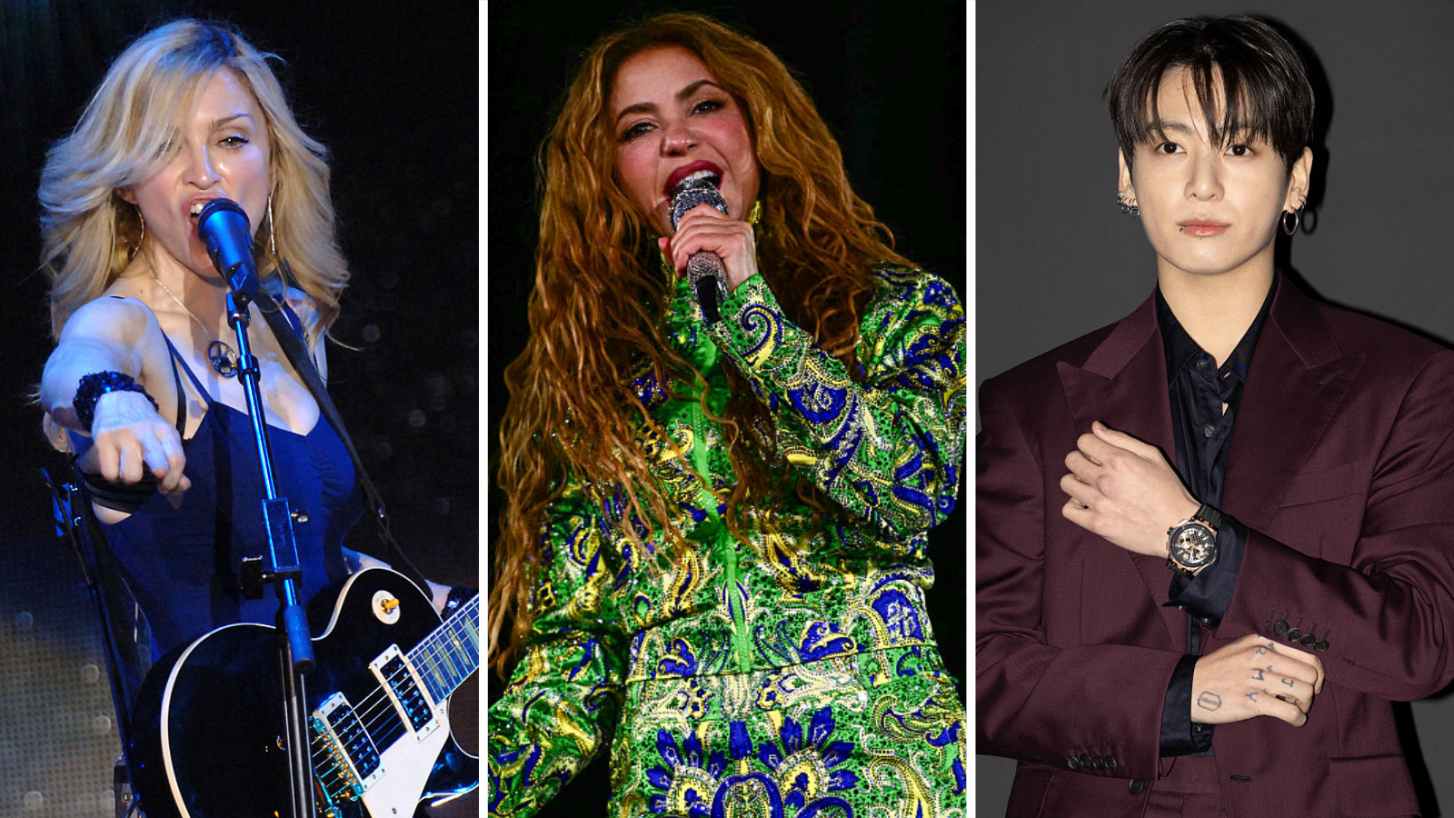 A split image of Madonna, Shakira and Jungkook of BTS