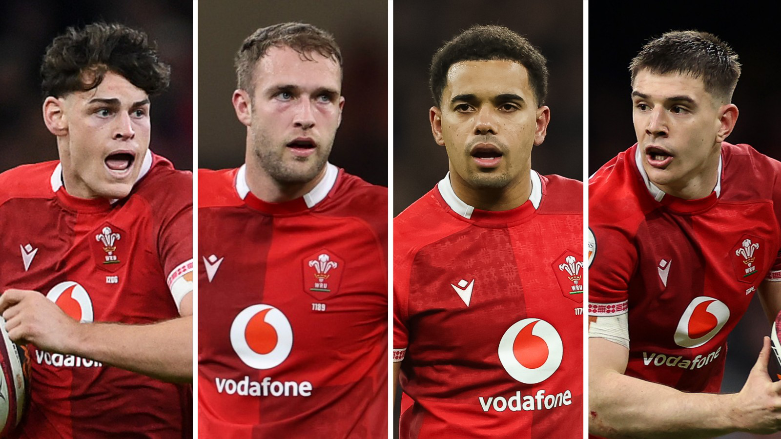 Eddie James, Max Llewellyn, Ben Thomas and Joe Hawkins in red Wales jerseys