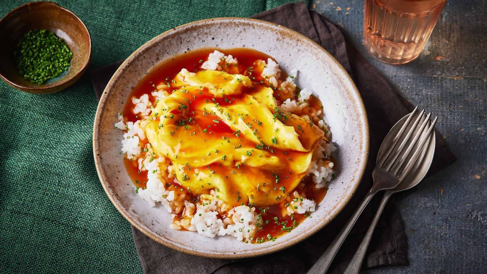 Folded egg and rice with easy pantry sauce