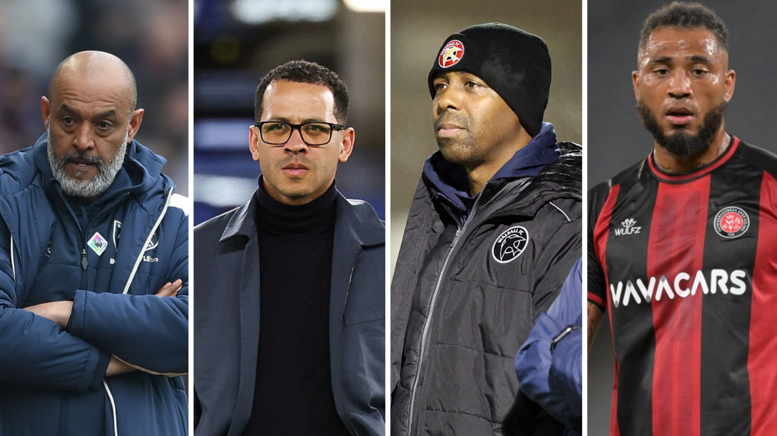 Split images showing the four black managers currently in the top four divisions of men's professional football - Nuno Espirito Santo, Liam Rosenior, Darren Byfield and Colin Kazim-Richards
