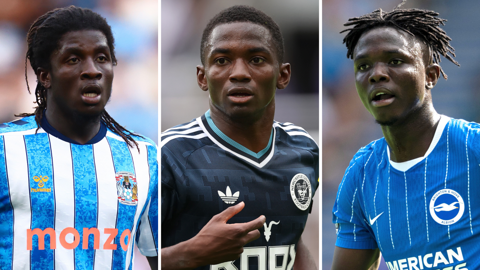 A composite image split into three even vertical columns shows, from left to right, Caleb Yirenkyi playing for Coventry, Bazoumana Traore in action at Newcastle, and Zadok Yohanna on the pitch for Brighton. All three players are visible from stomach up. Yirenkyi wears a Coventry home shirt with thick vertical sky blue and white stripes and a sponsor's logo in orange text, while long thin dreadlocks hang over his shoulders. Traore is seen as he jogs, with his right hand coming into shot near his chest. He wears a dark navy Newcastle away kit with white trim. Yohanna wears a Brighton home shirt which is predominantly royal blue with thin white vertical pinstripes and trim. He also sports short dreadlocks which are bouncing as he runs