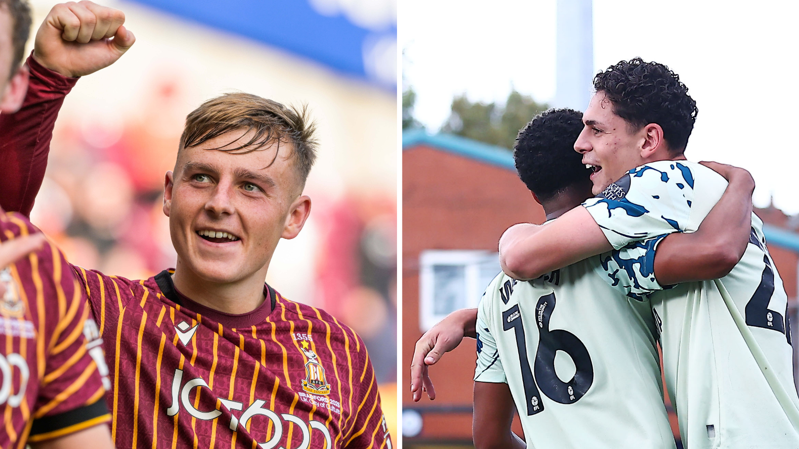 A side-by-side photo of Bradford City's Bobby Pointon and Cardiff City's Yousef Salech celebrating