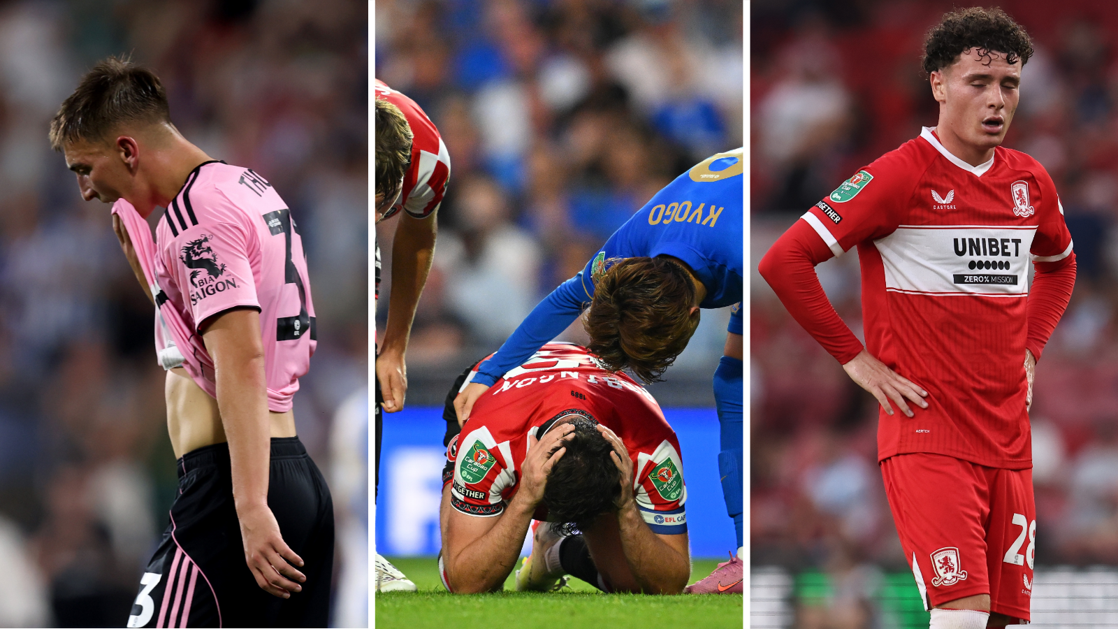 From the left to right: Leicester City's Luke Thomas, Sheffield United's Jack Robinson being consoled by Birmingham City's Kyogo Furuhashi, Middlesbrough's Law McCabe