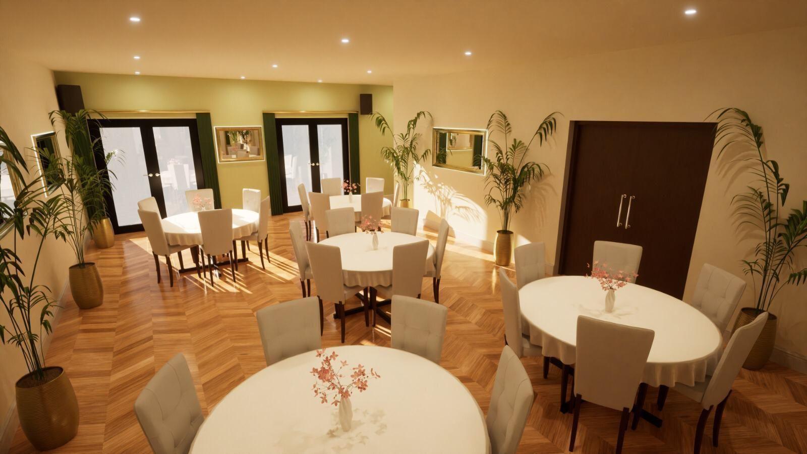 A modern-looking dining room with parquet flooring, two patio doors at the back, five round tables each accompanied by six Chesterfield armless chairs and six tall palm-style house plants in big decorative gold pots. There is a brown double-door on the right-angled wall.