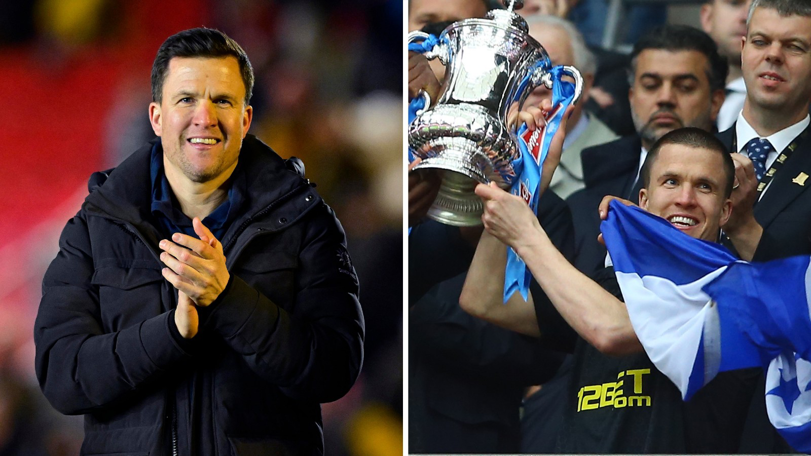 Composite image of Gary Caldwell as Exeter manager and holding up the FA Cup in 2013 with Wigan