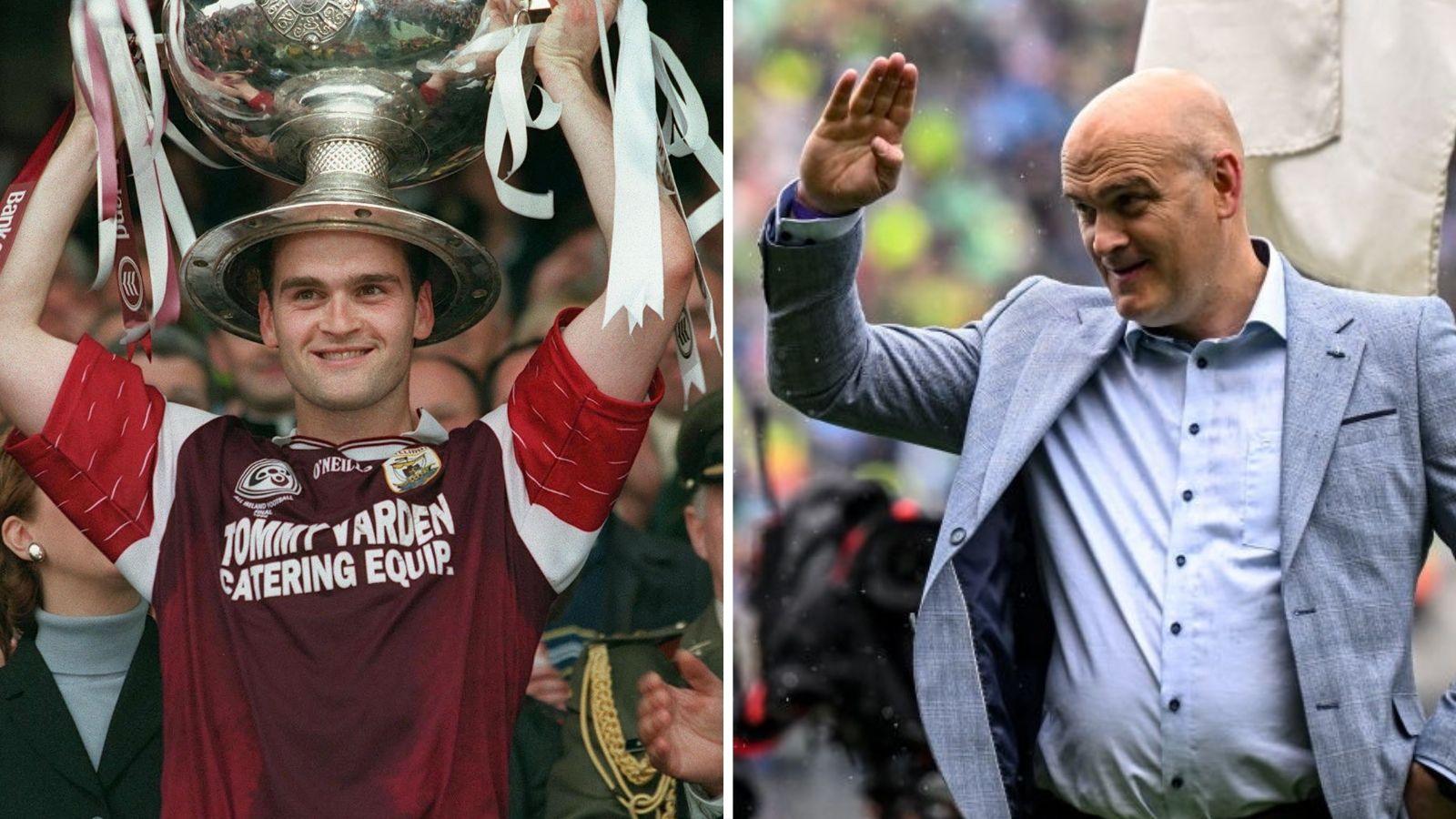 Ray Silke lifting the Sam Maguire Cup in 1998 and waving to the crowd in 2023