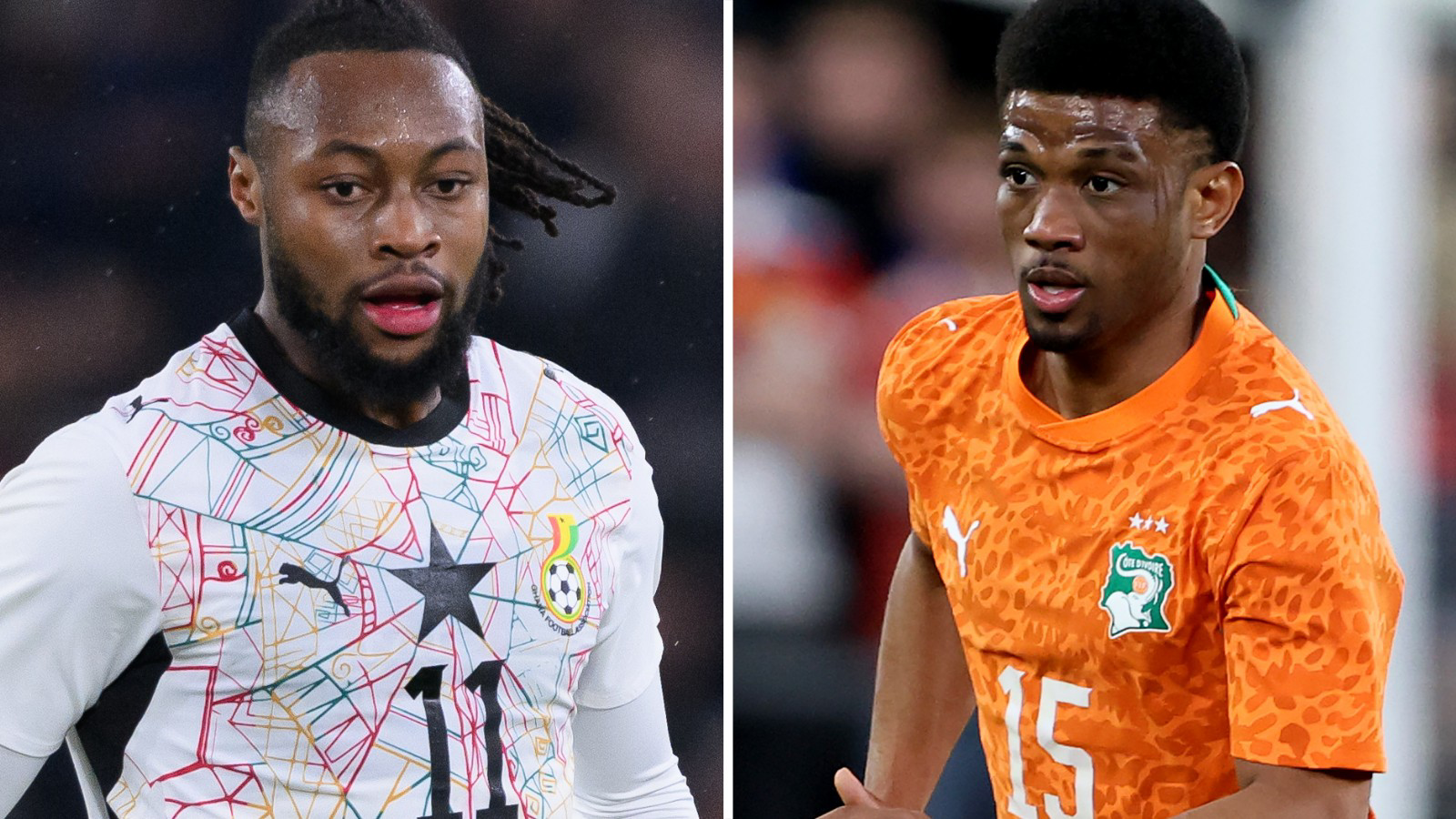 A split image shows two players from the waist up in action for their countries. On the left is Antoine Semenyo wearing a white Ghana shirt which features on its front an intricate spiderweb design in red, blue and yellow, as well as a black five-pointed star and a black number 11 on the chest. On the right is Amad Diallo in an orange Ivory Coast shirt with a white number 15 on the chest
