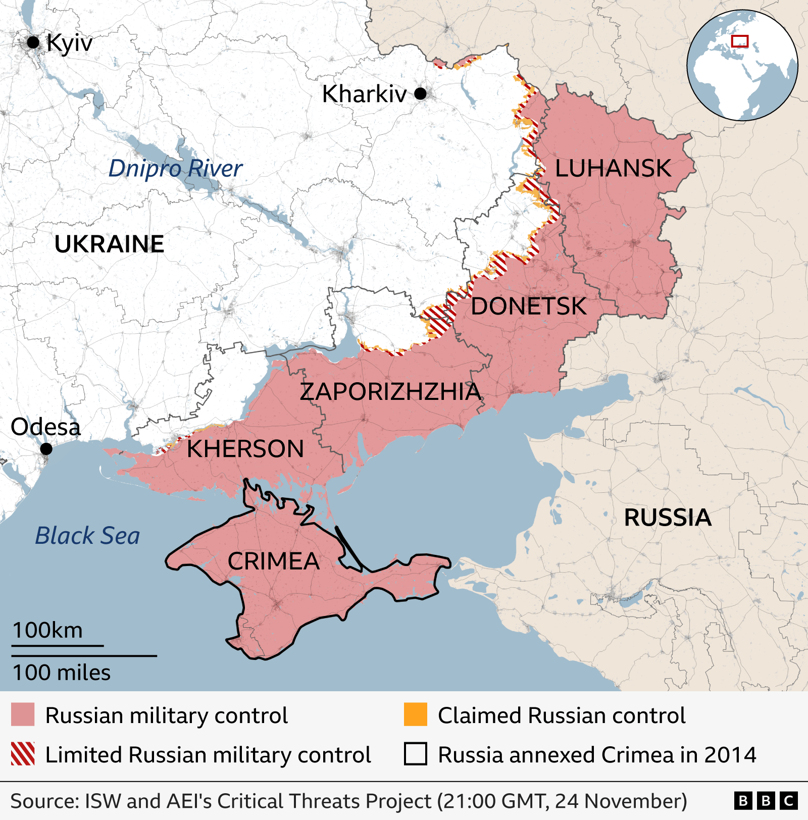 Map of Ukraine showing regions under Russian military control shaded red, limited control in red stripes, and claimed control shaded yellow as of 24 November. The regions of Luhansk, Donetsk, Zaporizhzhia, Kherson – with almost all of Luhansk shaded red and much of the other three provinces also under Russian control. Crimea which was annexed by Russia in 2014 is also are marked as under Russian control. Major cities labelled include Kyiv, Kharkiv, and Odesa. Source: ISW