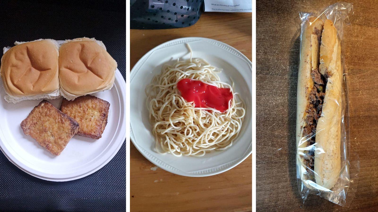 A composite image showing a paper plate with two white rolls and two slices of tofu, a plate with spaghetti and a splash of ketchup and a baguette with what looks like mince and cheese in it.