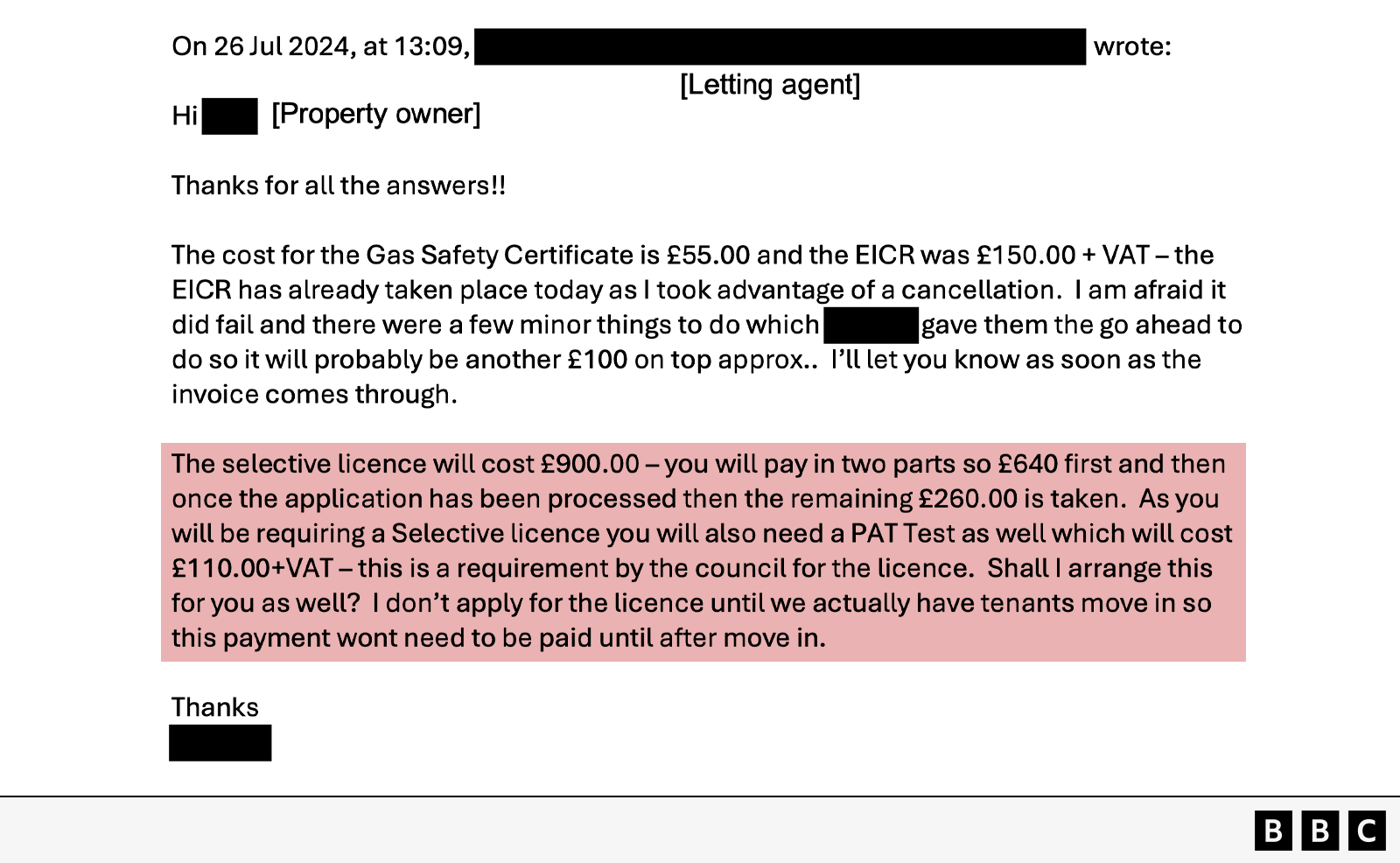 An image of an email titled “Re:”. The header shows sender and recipient details partially redacted, labeled as “Property owner” and “Letting agent.” The email is dated Friday, July 26, 2024, at 12:46 PM. Below the subject line, the message reads: Dear [redacted], Thank you for the helpful conversation earlier. I apologise for not replying to this. Hopefully hon have what you need. I’ll get back to you with the bank details. Can you confirm the cost for arranging fbe gas and electricity certificates and applying for the selective licence. Subject to this, I would be grateful if you could arrange these. Please also feel free to WhatsApp me on [redacted]. Thanks again Best wishes [redacted].


