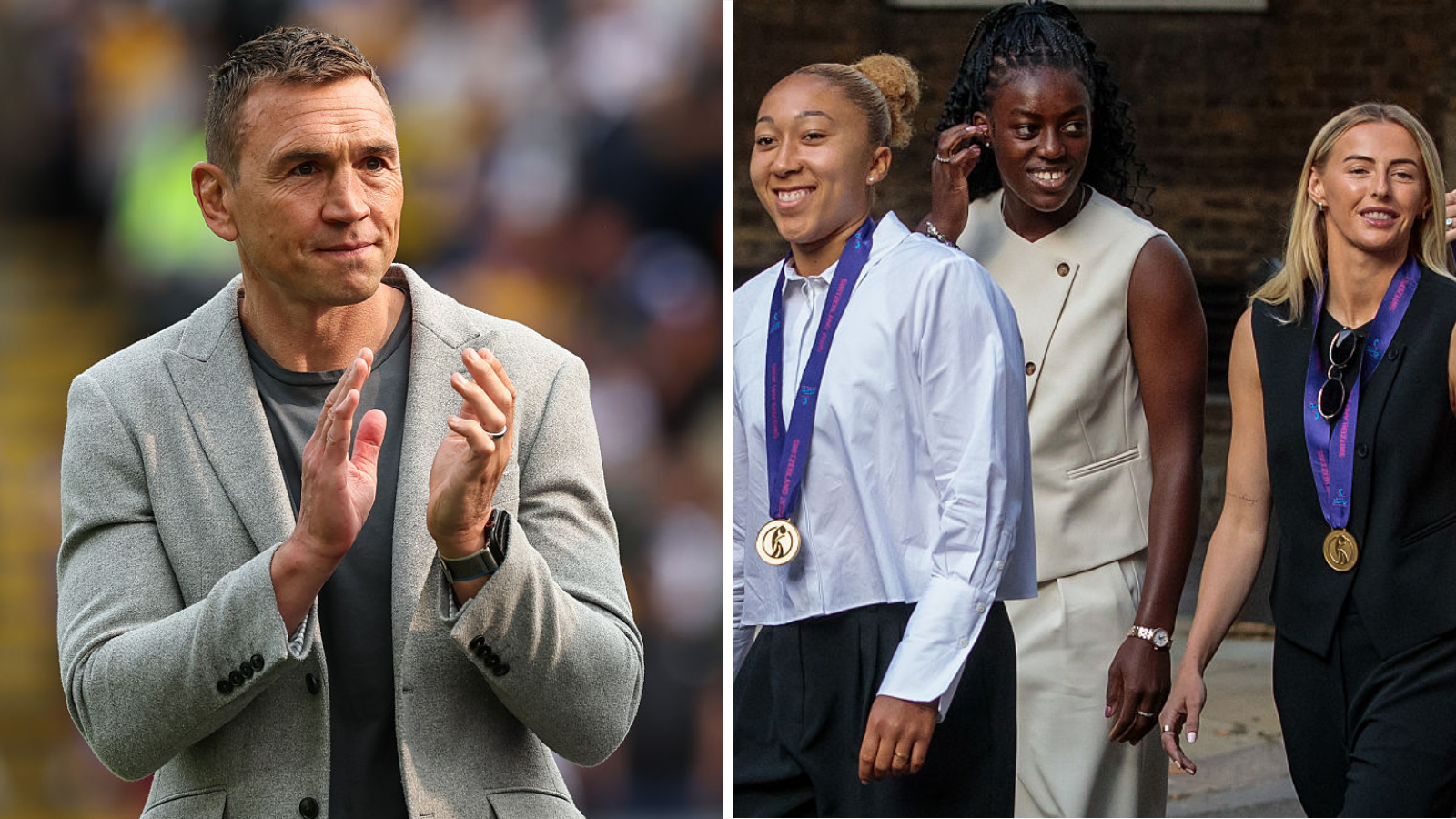 Split image of Kevin Sinfield applauding fans after speaking on the field at a Leeds Rhinos game in May 2025, plus Lauren James, Michelle Agyemang and Chloe Kelly arrive for a reception after England win Euro 2025