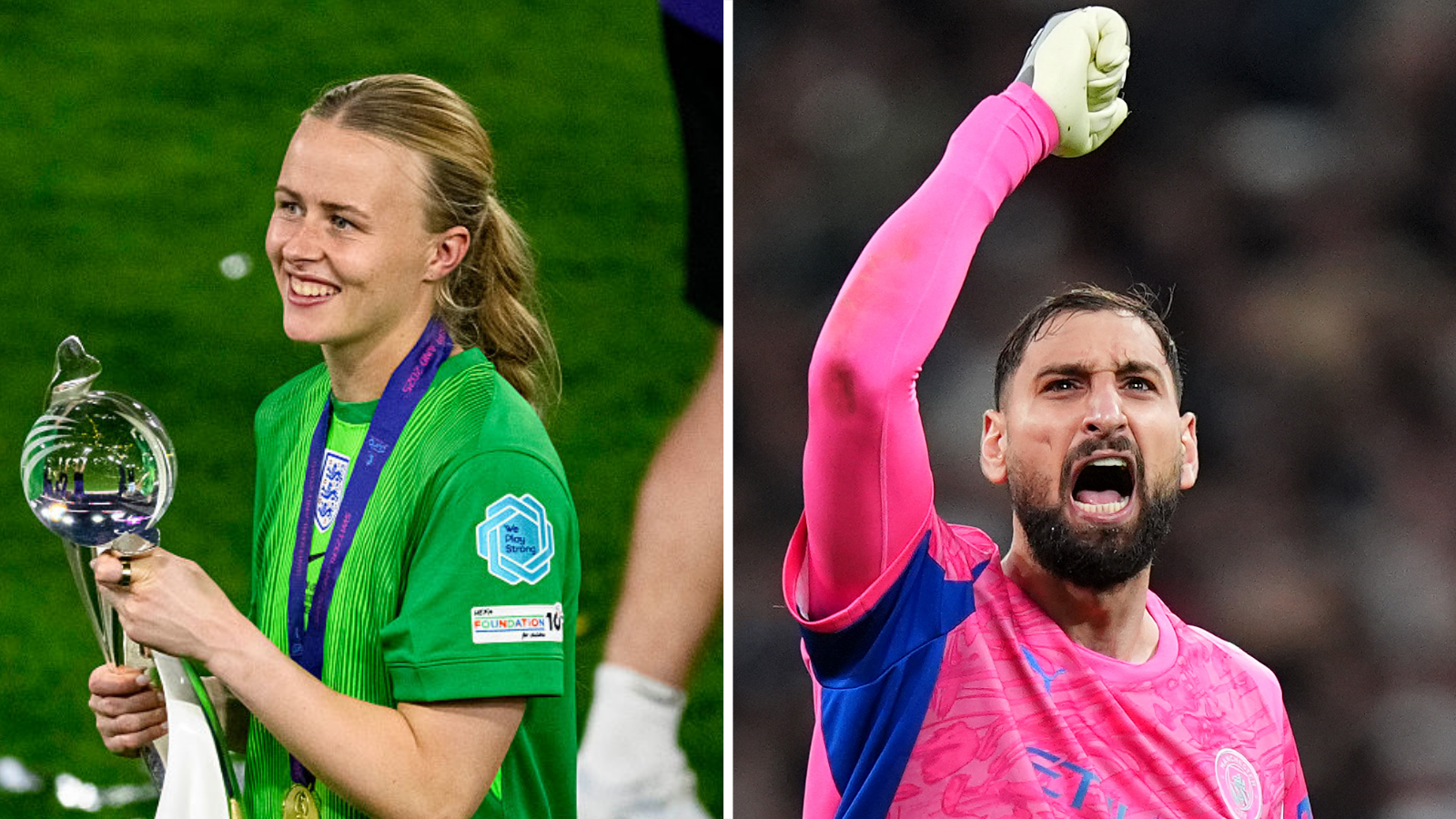 A split picture showing Hannah Hampton holding the Euro 2025 trophy and Gianluigi Donnarumma celebrating with his hand in the air
