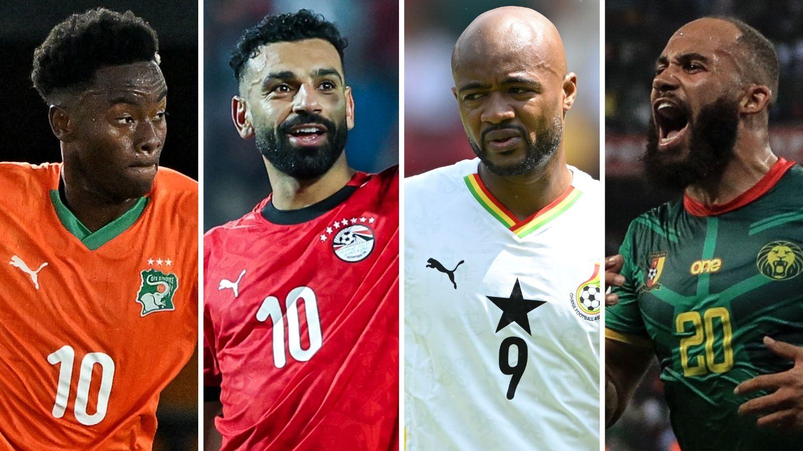 A split image with four vertical columns showing Simon Adingra in an orange Ivory Coast shirt with a white number 10 on the chest, Mohamed Salah in a red Egypt shirt with a white number 10 on the chest, Jordan Ayew in a white Ghana shirt with a black star and black number 9 on the chest and Bryan Mbeumo in a green Cameroon shirt with a yellow number 20 on the chest. All four players are seen from waist up while in action for their respective national teams