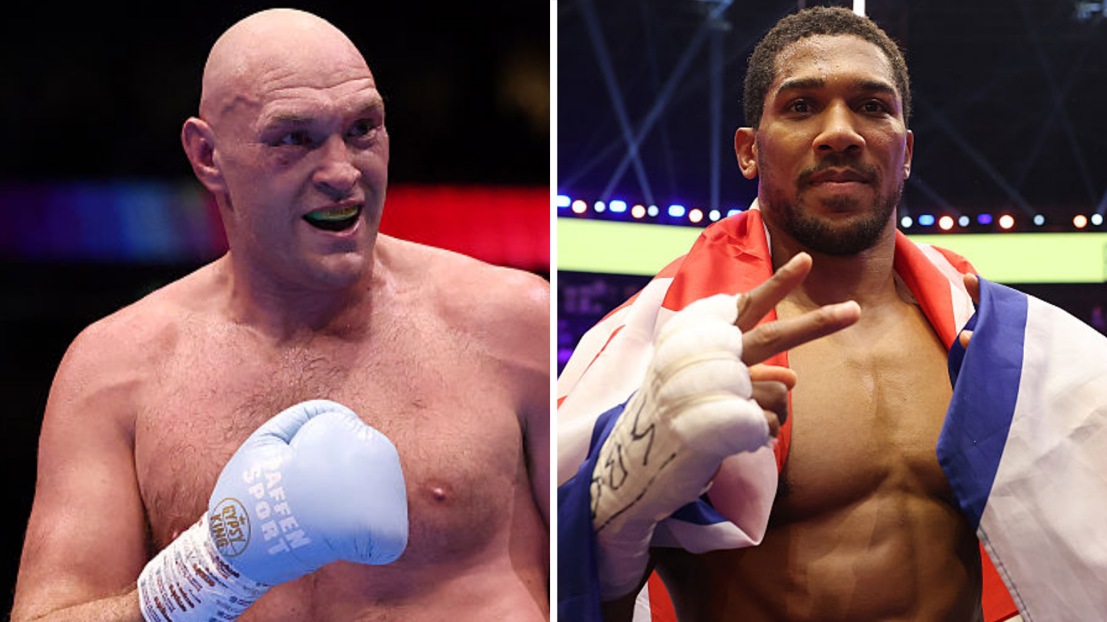 Tyson Fury holds up his hand and is wearing a boxing glove and Anthony Joshua holds up two fingers and has a Union Jack over his shoulders