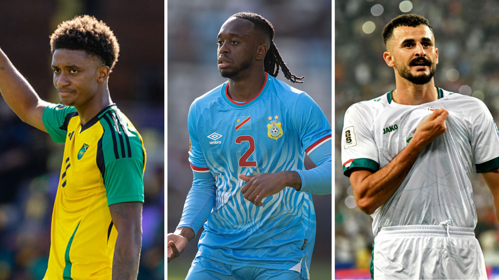 Demarai Gray of Jamaica (left), Aaron Wan Bissaka of DR Congo (centre) and Aymen Hussein of Iraq (right)