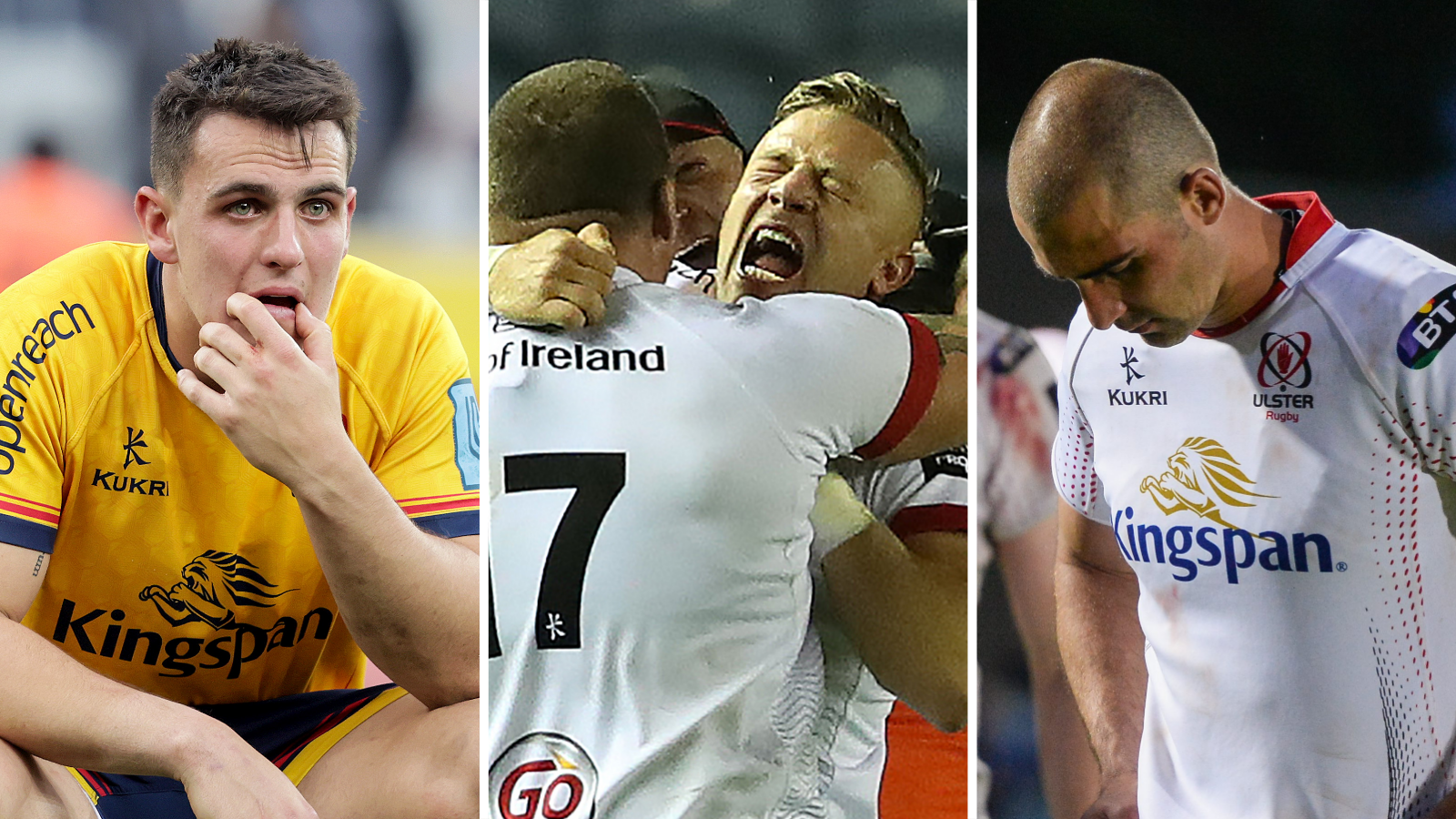 James Hume dejected, Ian Madigan celebrates and Ruan Pienaar dejected