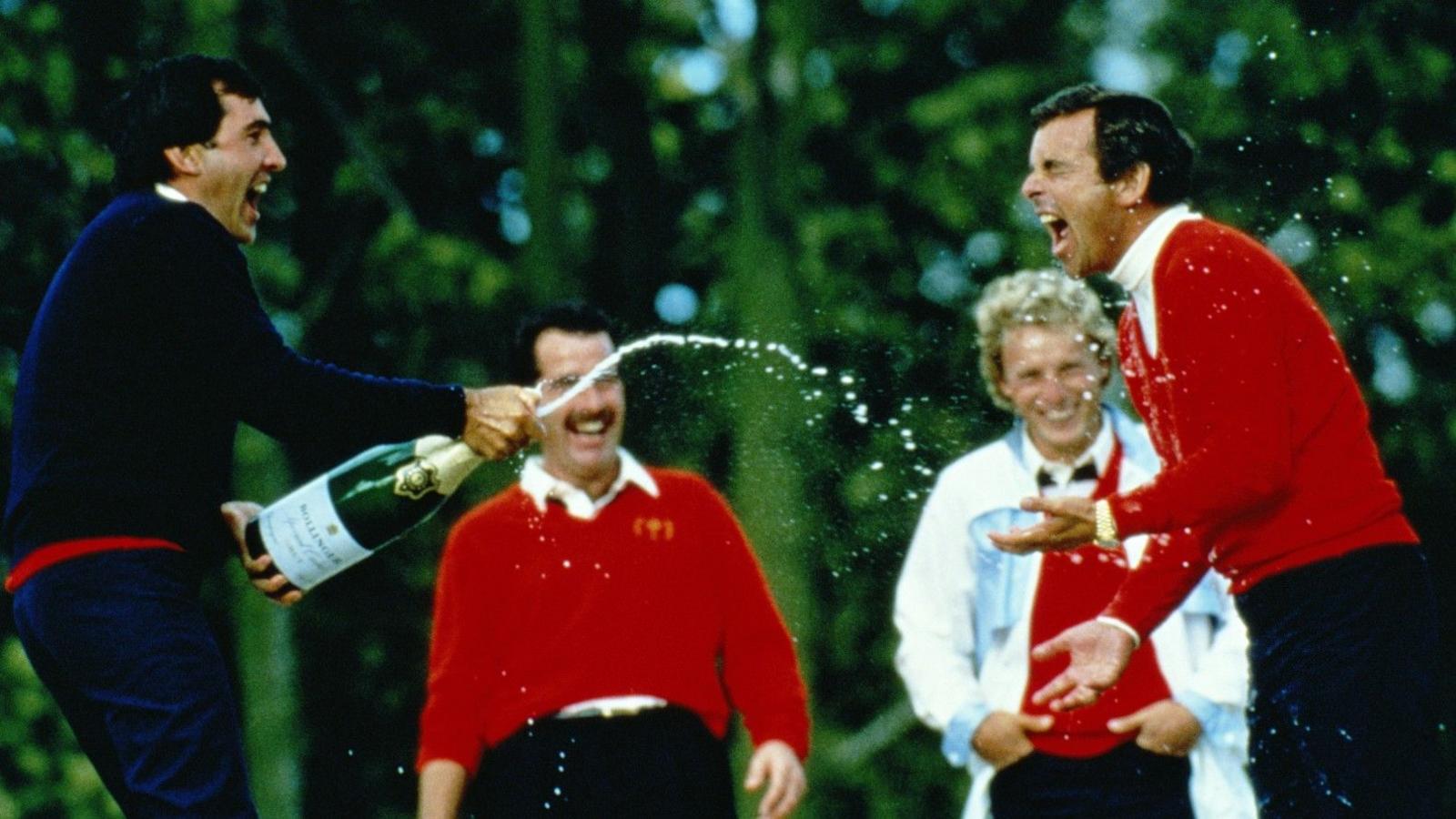 Seve Ballesteros sprays Tony Jacklin with champagne while Sam Torrance and Bernhard Langer watch