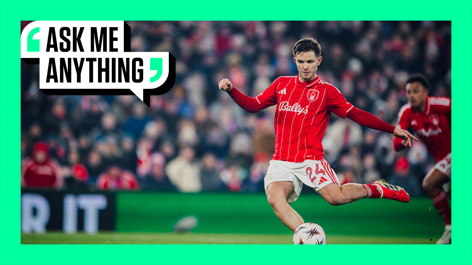 James McAtee scoring a goal for Nottingham Forest - the image is surrounded by a green border and the 'Ask Me Anything' logo is in the top corner
