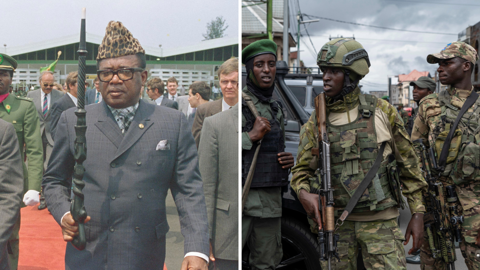 A composite image made up of two vertical images, with the left one showing former DR Congo President Mobutu Sese Seko and the right-hand side showing three soldiers in camouflage with guns. Mobutu is walking on red carpet, wearing a tightly buttoned-up grey suit, glasses, a leopard skin hat and holding an ornately-carved cane up in a vertical position. Other men in suits can be surrounding him, as well as one man in official military dress. The young-looking soldiers all have bulletproof vests on. One wears a green beret, another a helmet and the third a cap. They are standing in front of an armoured vehicle