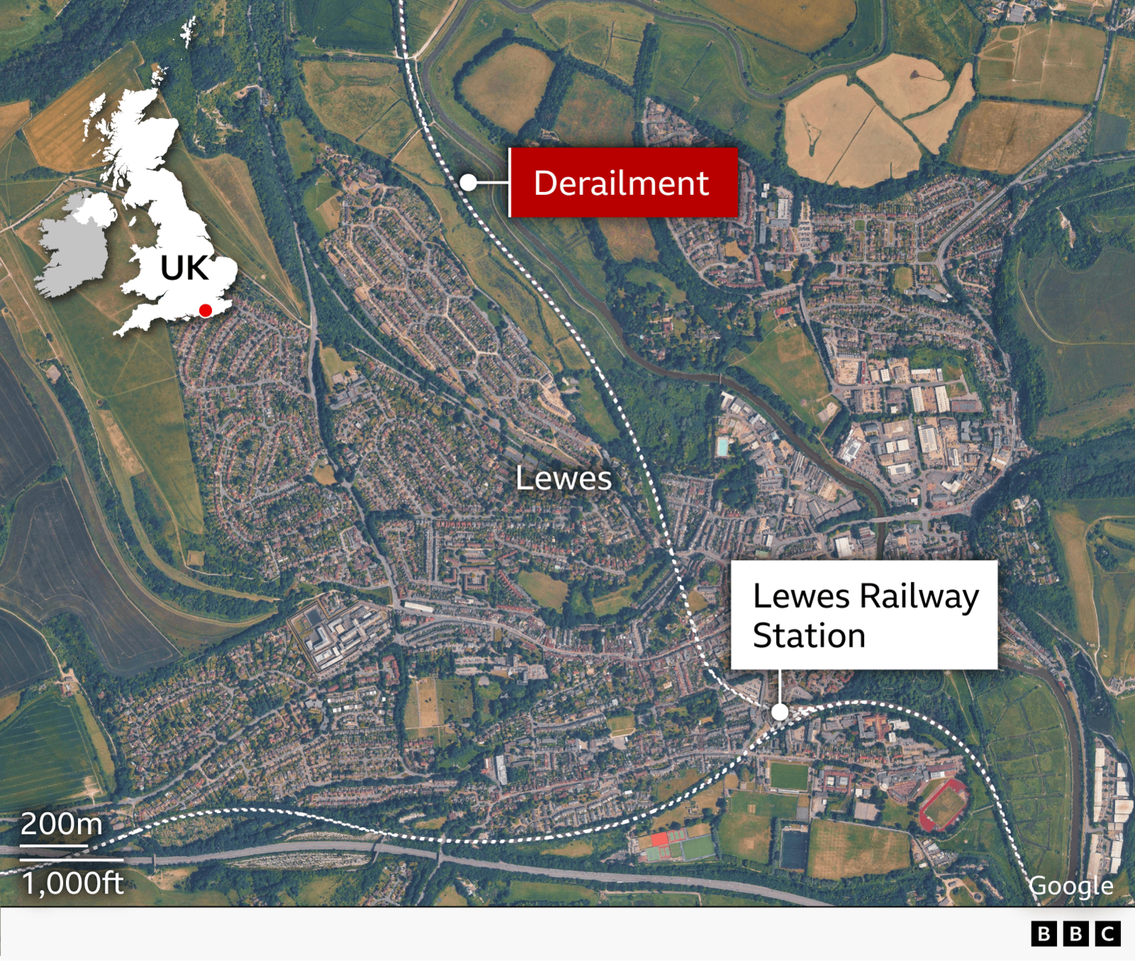 A satellite map image showing where the derailment happened.