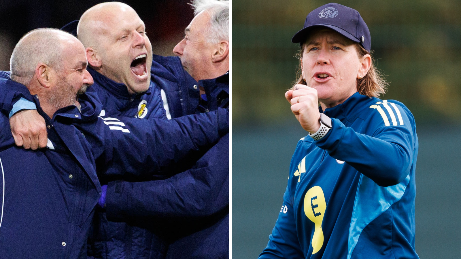 Scotland's Steve Clarke and Steven Naismith celebrate, while Melissa Andreatta urges her players on
