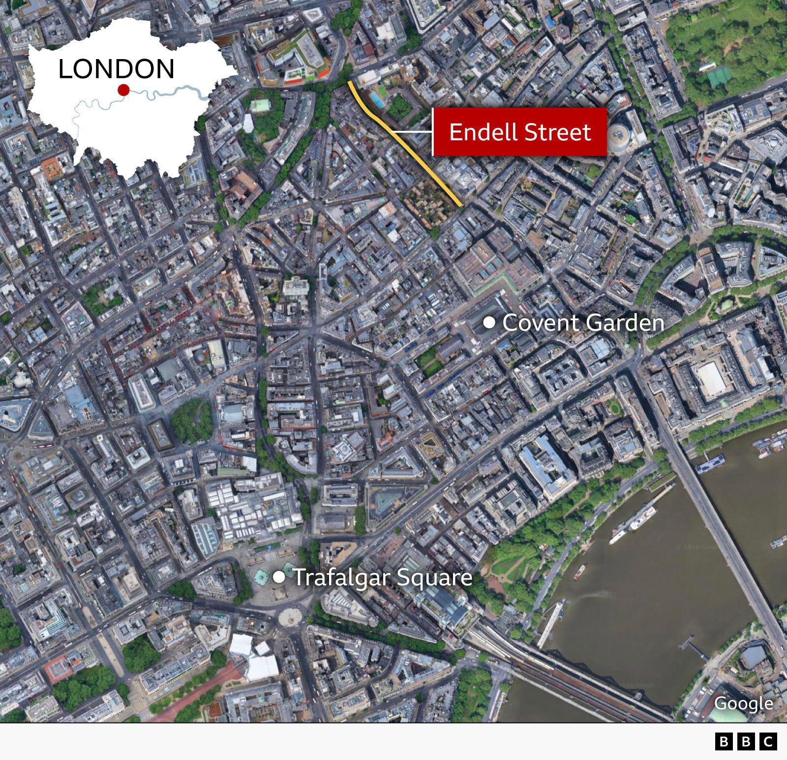 Satellite map of central London showing the location of Endell Street in Covent Garden. Endell Street is highlighted in yellow and labeled with a red callout box near the top centre of the map. Nearby landmarks, including Covent Garden and Trafalgar Square, are marked and labeled. An inset map of London in the top left shows the location within the city, and the River Thames is visible along the lower right edge of the image. BBC branding appears in the bottom right corner.