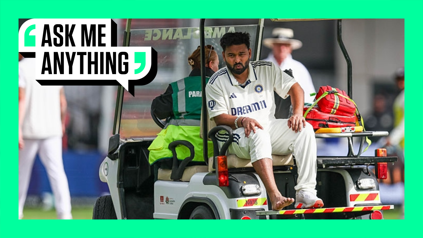 Rishabh Pant on the back of a golf cart with an Ask Me Anything border around him