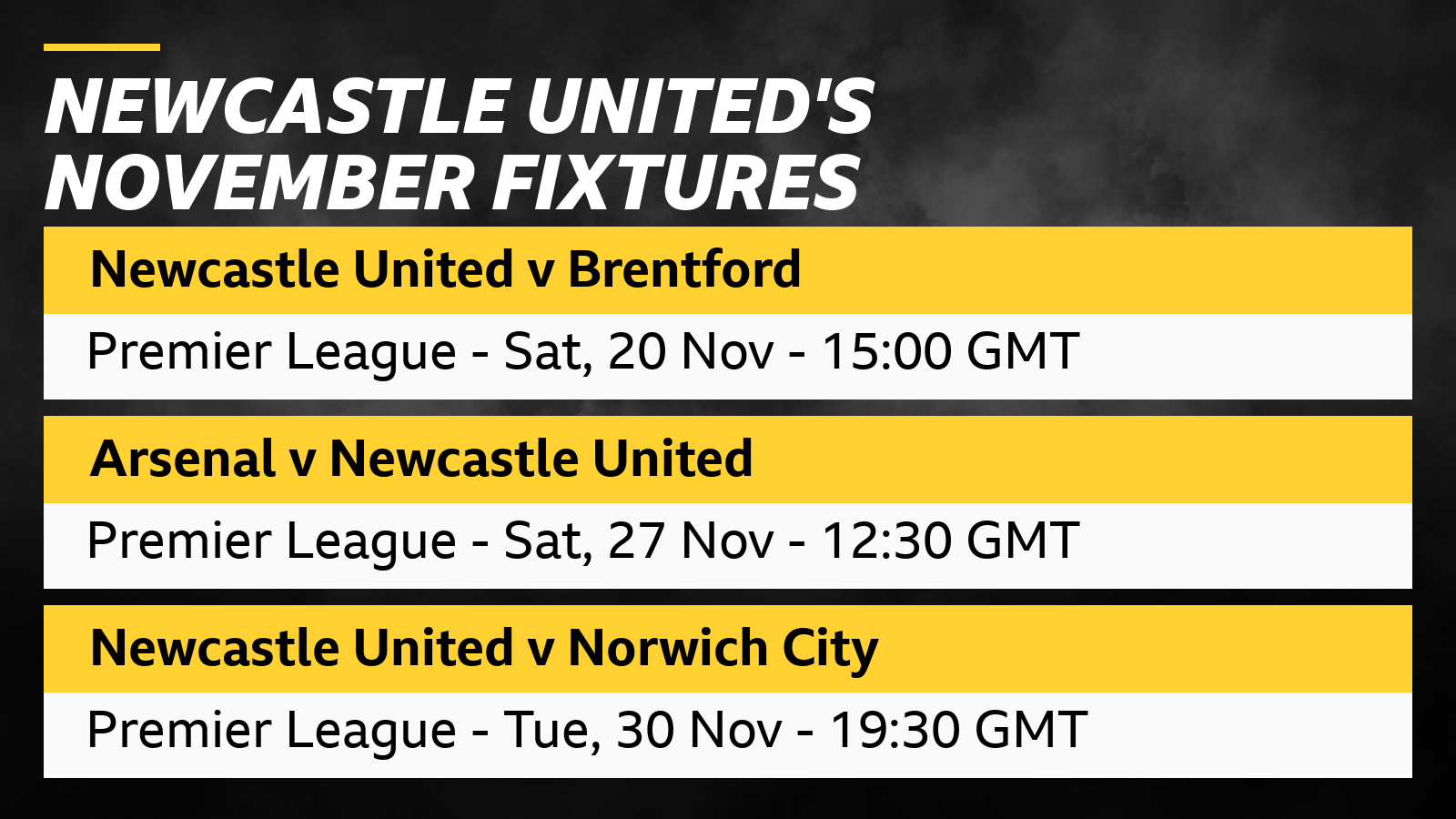 Newcastle November fixtures: Newcastle v Brentford (Premier League - Sat, 20 Nov -15:00 GMT), Arsenal v Newcastle (Premier League - Sat, 27 Nov - 12:30 GMT), Newcastle v Norwich (Premier League - Tue, 30 Nov - 19:30 GMT)