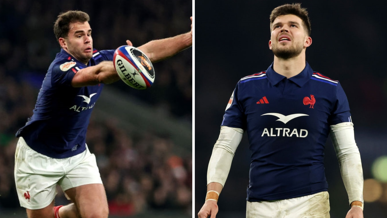 France wing Damien Penaud drops the ball (left) while Matthieu Jalibert looks to the skies after losing possession