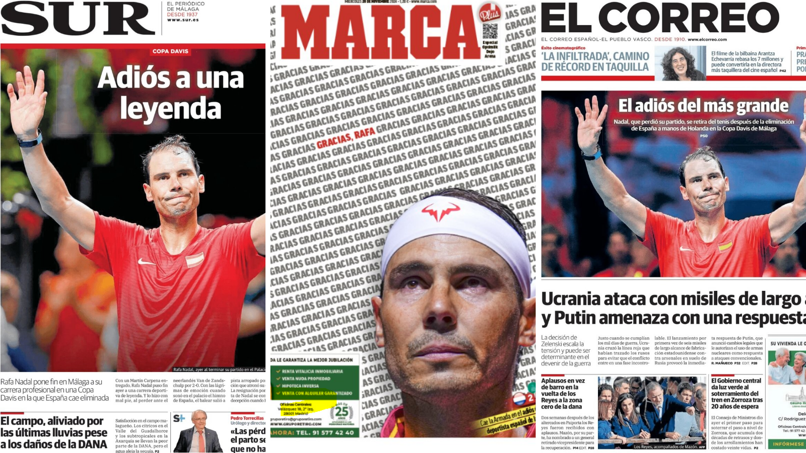 Spanish newspapers Sur, Marca and El Correo pay tribute to Nadal on their front pages