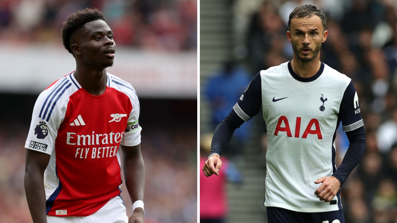 Bukayo Saka of Arsenal and James Maddison of Tottenham