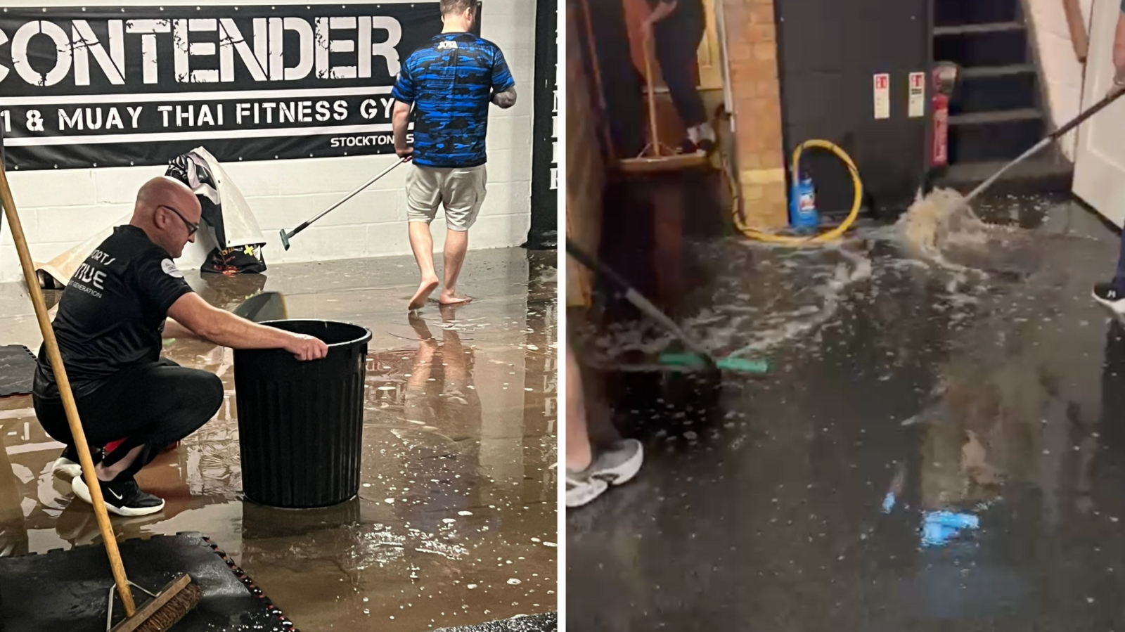 Two members of gym staff sweeping up water and trying to get it into a large black bucket to remove it, alongside a flooded floor.