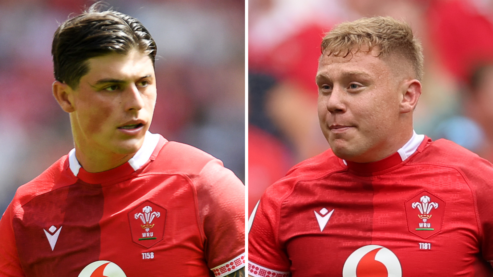 Two separate close-up images of Louis Rees-Zammit and Sam Costelow playing for Wales