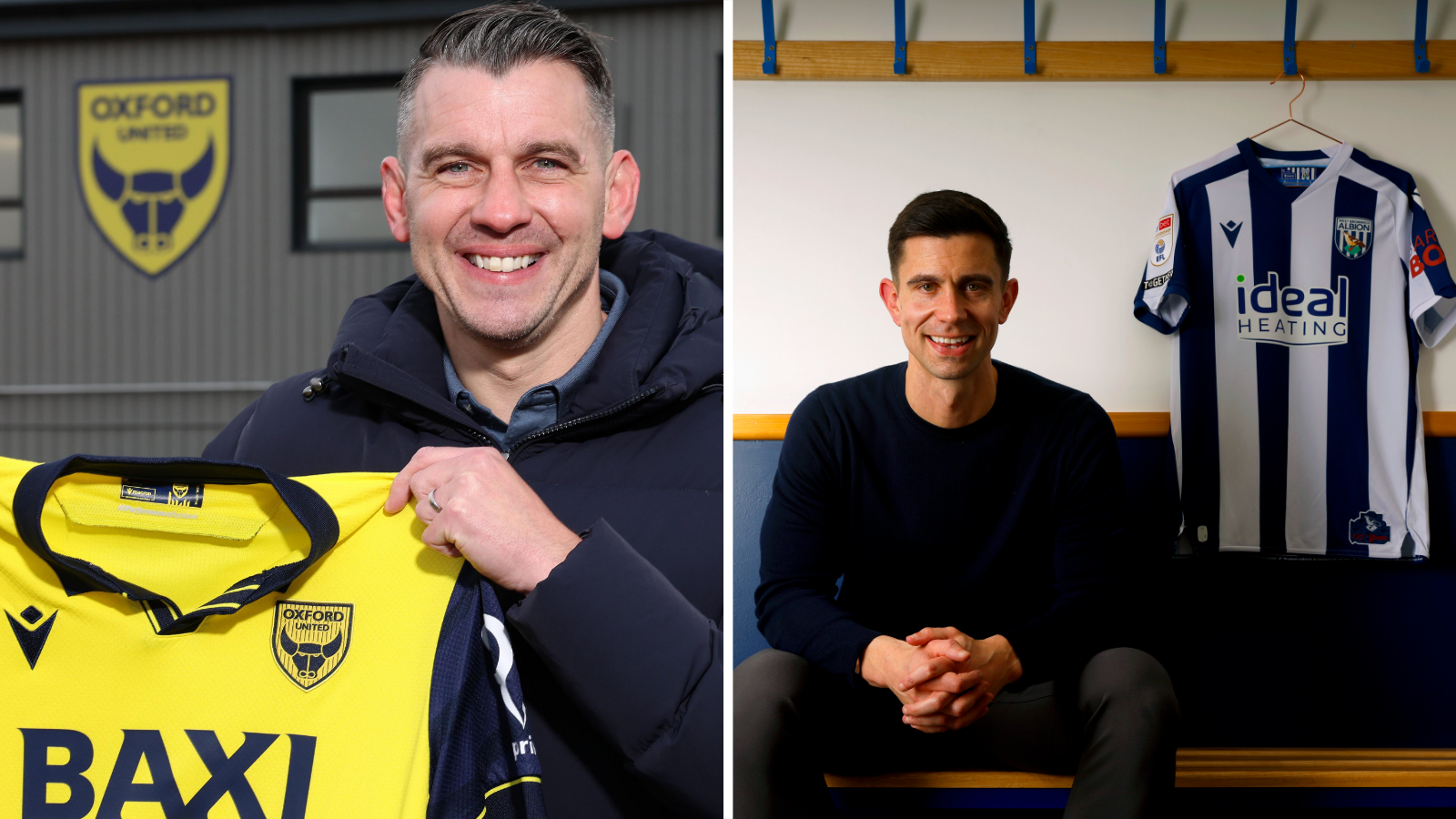 Side-by-side images of Matt Bloomfield, wearing a blue puffer jacket, smiling while holding a yellow Oxford United home shirt and Eric Ramsay grinning in an all-black outfit, sitting on a bench in a dressing room with a West Bromwich Albion home shirt hanging up behind him
