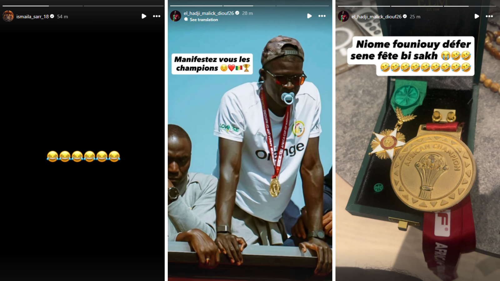 Instagram story posts from Crystal Palace forward Ismaila Sarr and West Ham's El Hadji Malick Diouf