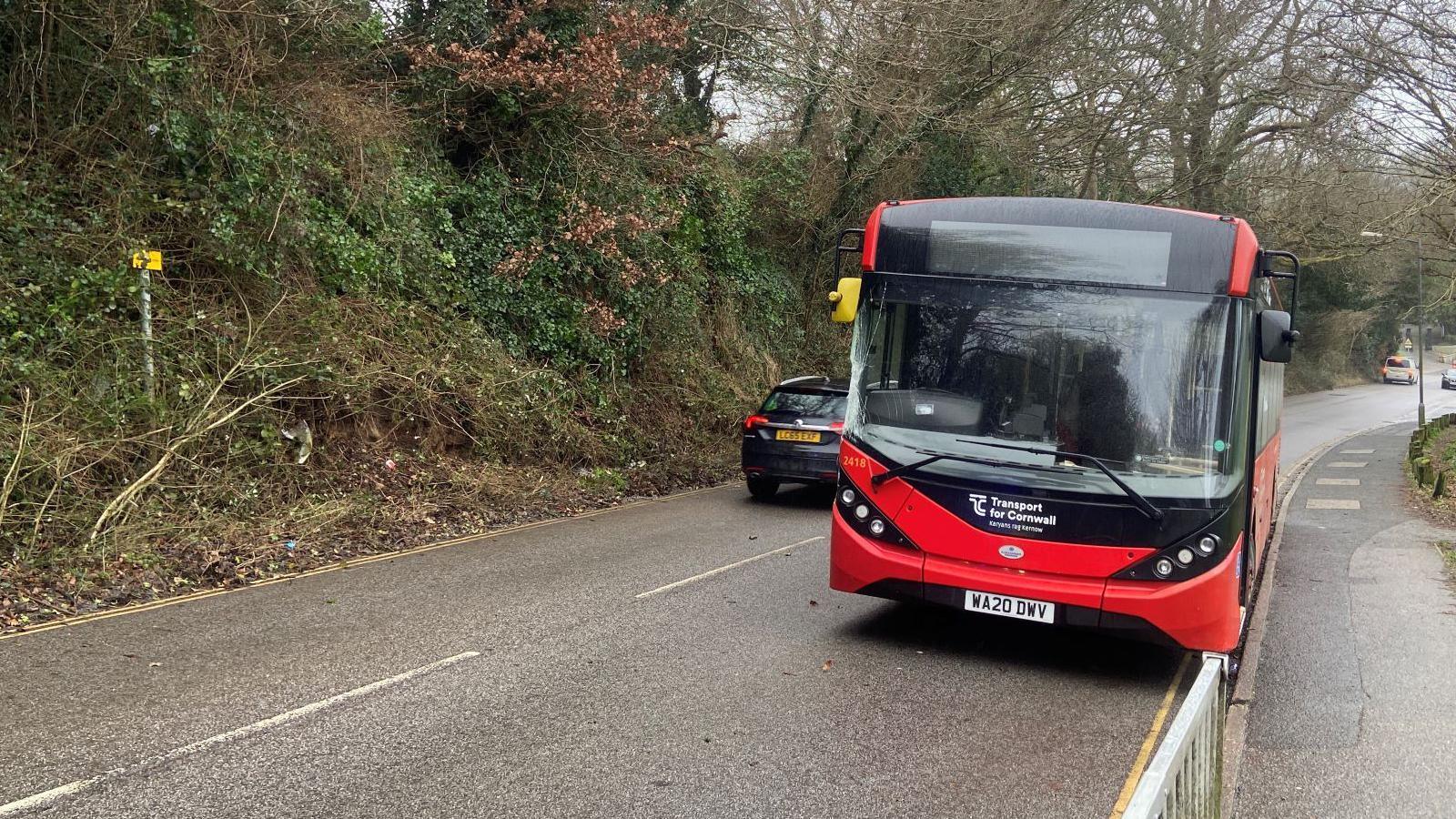 A red bus with a Transport for Cornwall logo on the front drives along a damp Cornish road with trees and hedgerow on one side and a pavement on the other.