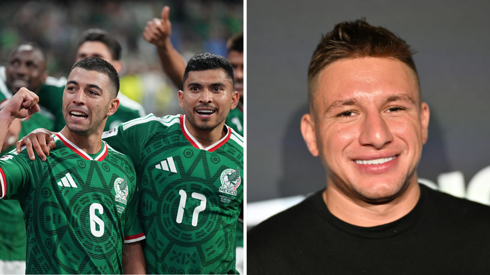 Split image of Mexico players celebrating after their World Cup win over Ecuador, plus Stephen Deleonardis at the 2024 PrizePicks World Championship 
