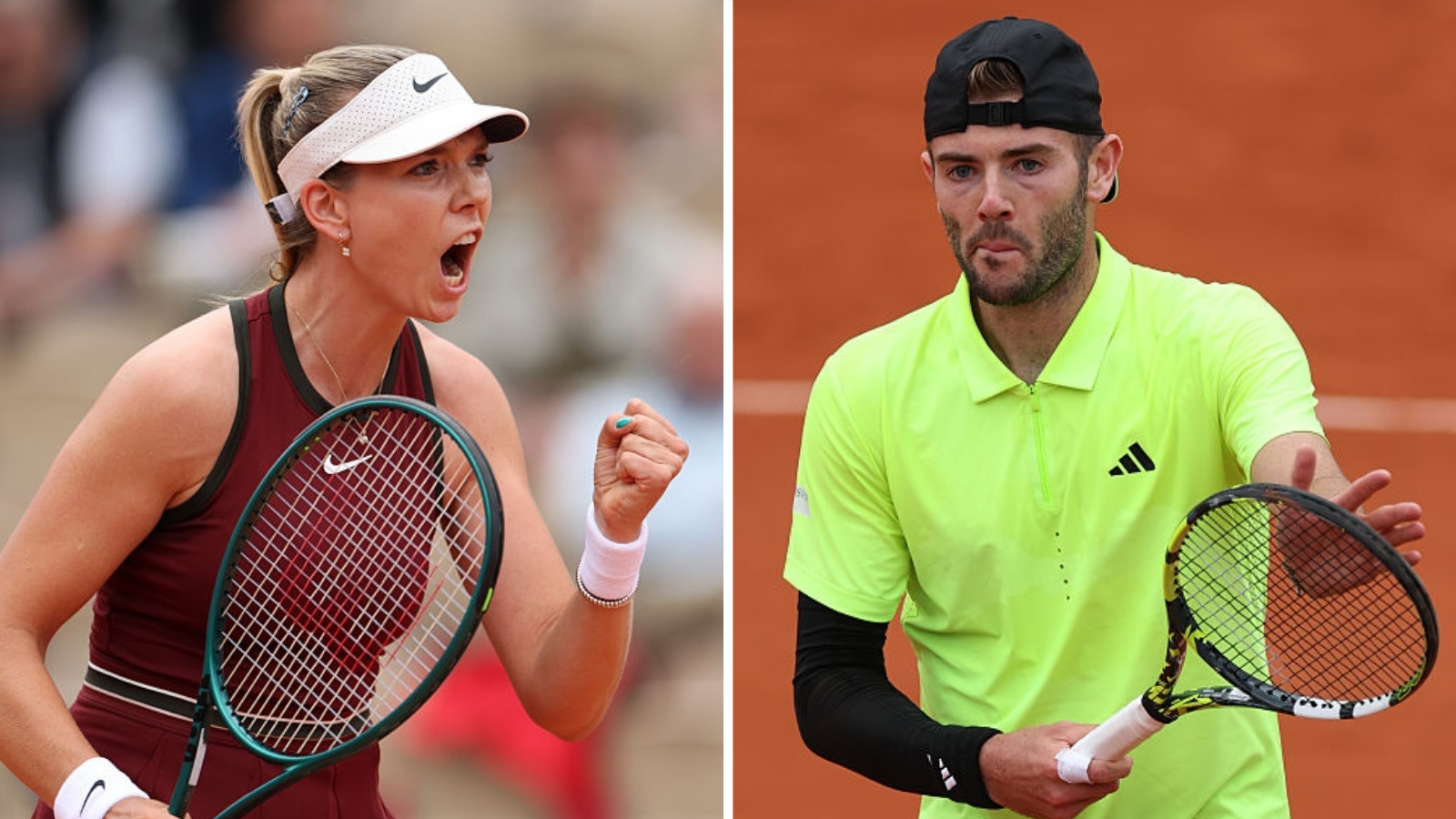 A split image of Katie Boulter and Jacob Fearnley celebrating their first-round French Open victories