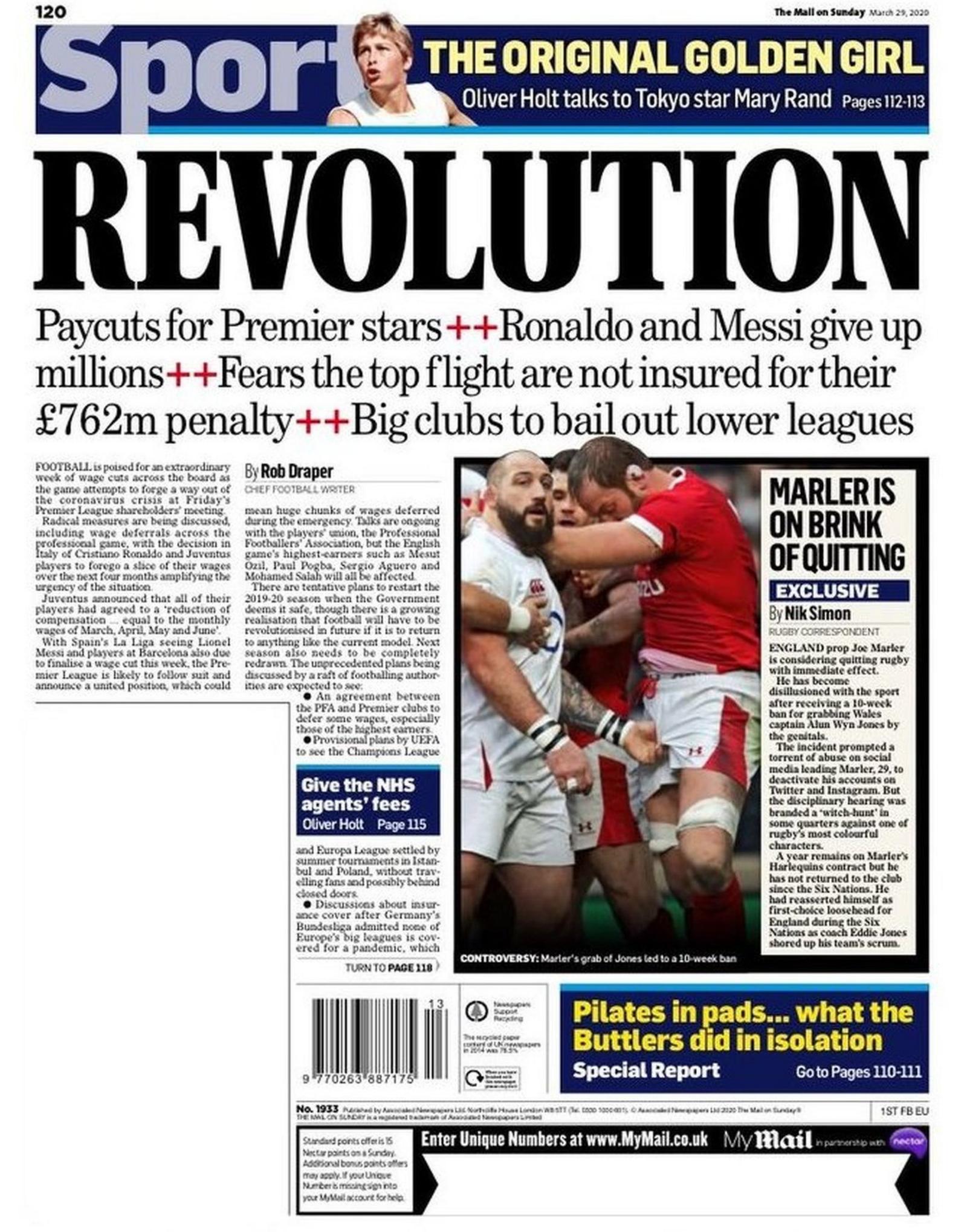Mail on Sunday back page on Sunday, 29 March