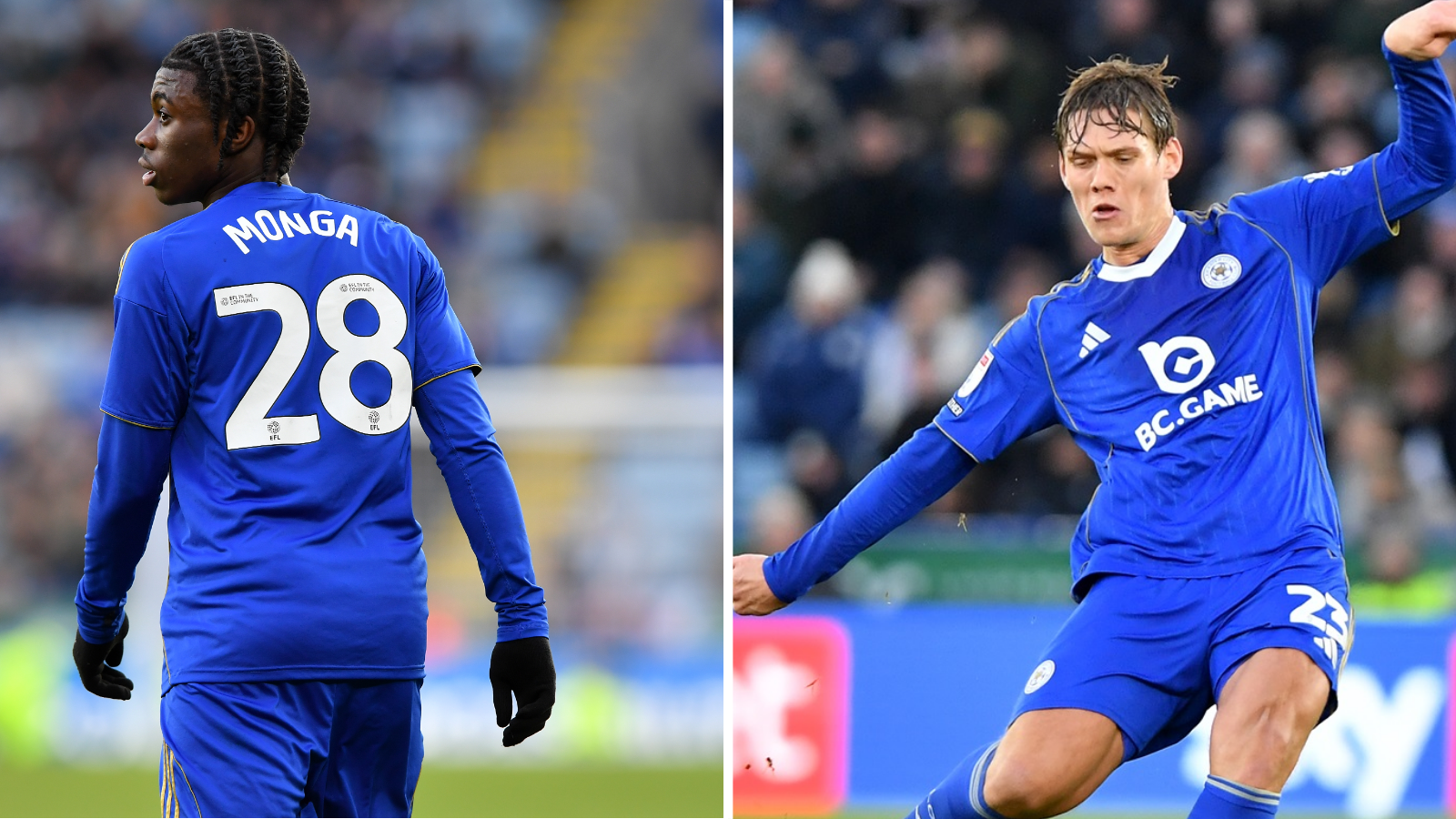 Side-by-side images of Jeremy Monga and Jannik Vestergaard playing for Leicester City in their bright blue home kit