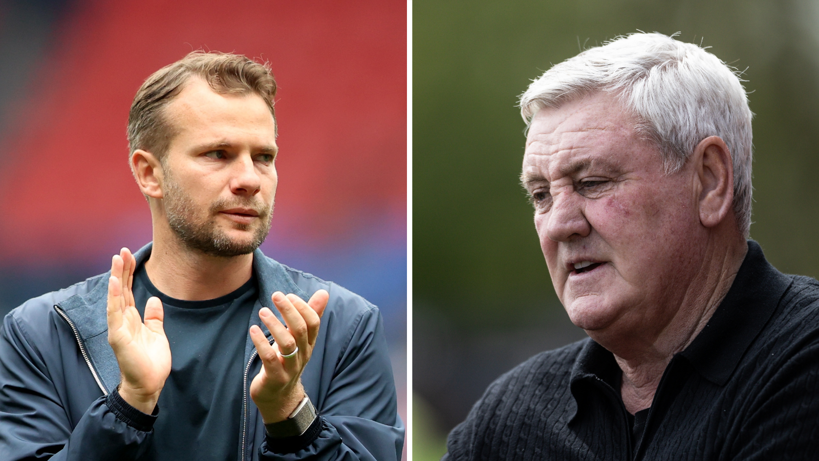 A side-by-side of Plymouth Argyle boss Tom Cleverley and Blackpool boss Steve Bruce