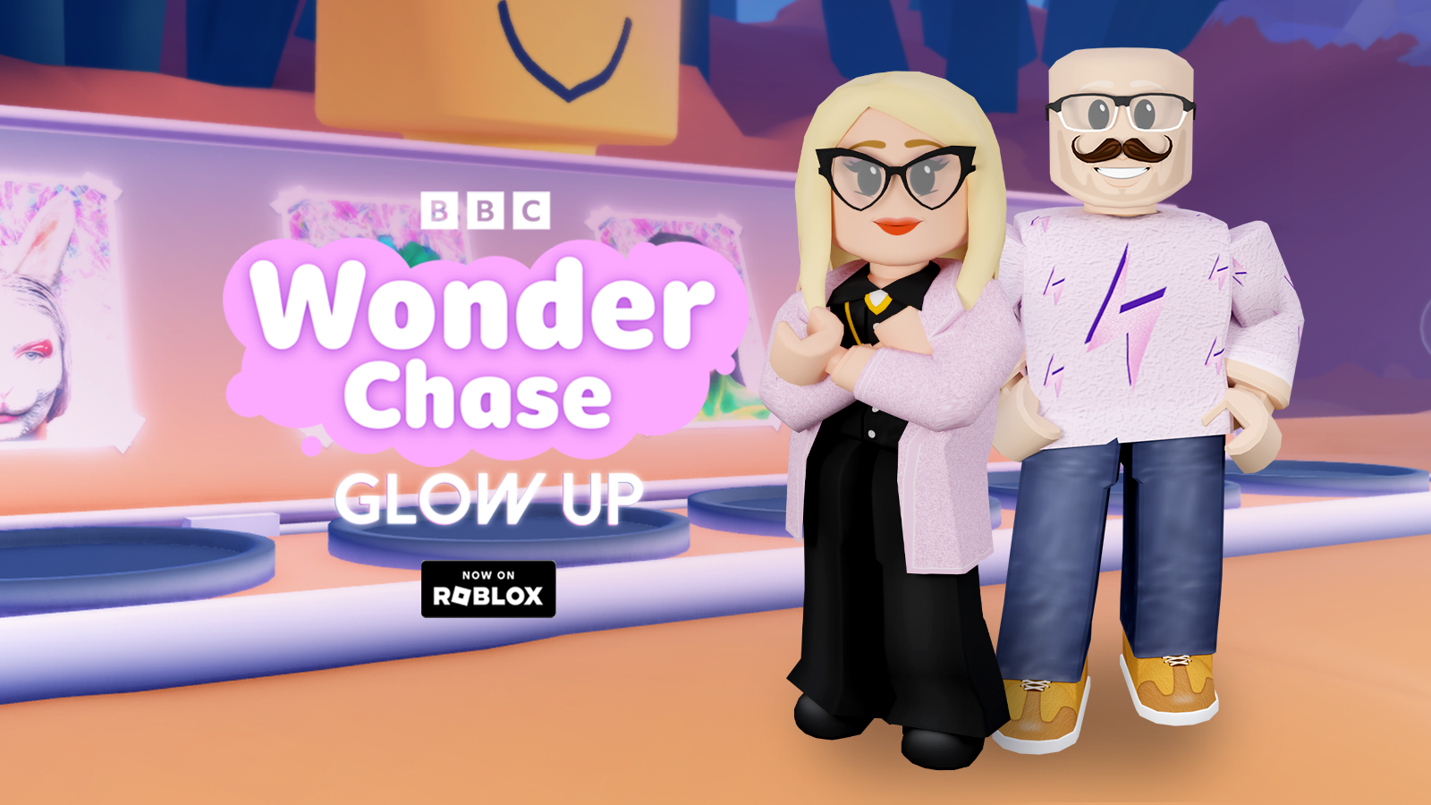 Val Garland and Dominic Skinner as non-playable characters on Roblox in the ý Wonder Chase experience