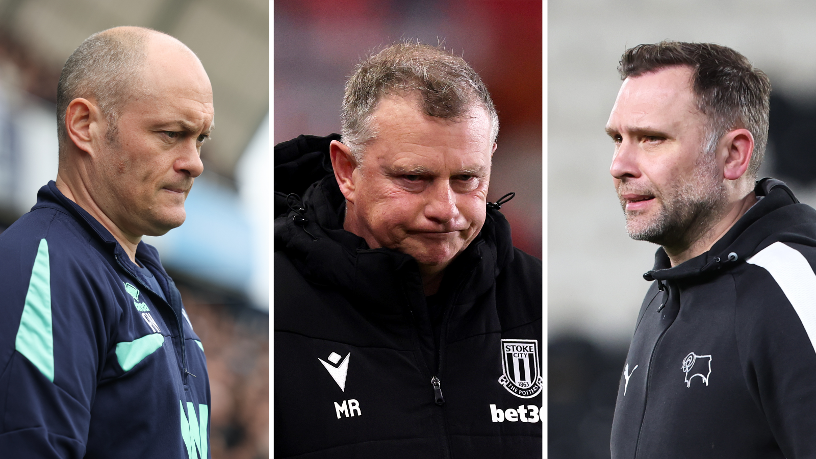 A side-by-side image of Alex Neil, Mark Robins and John Eustace all watching on from the dugout at their respective matches