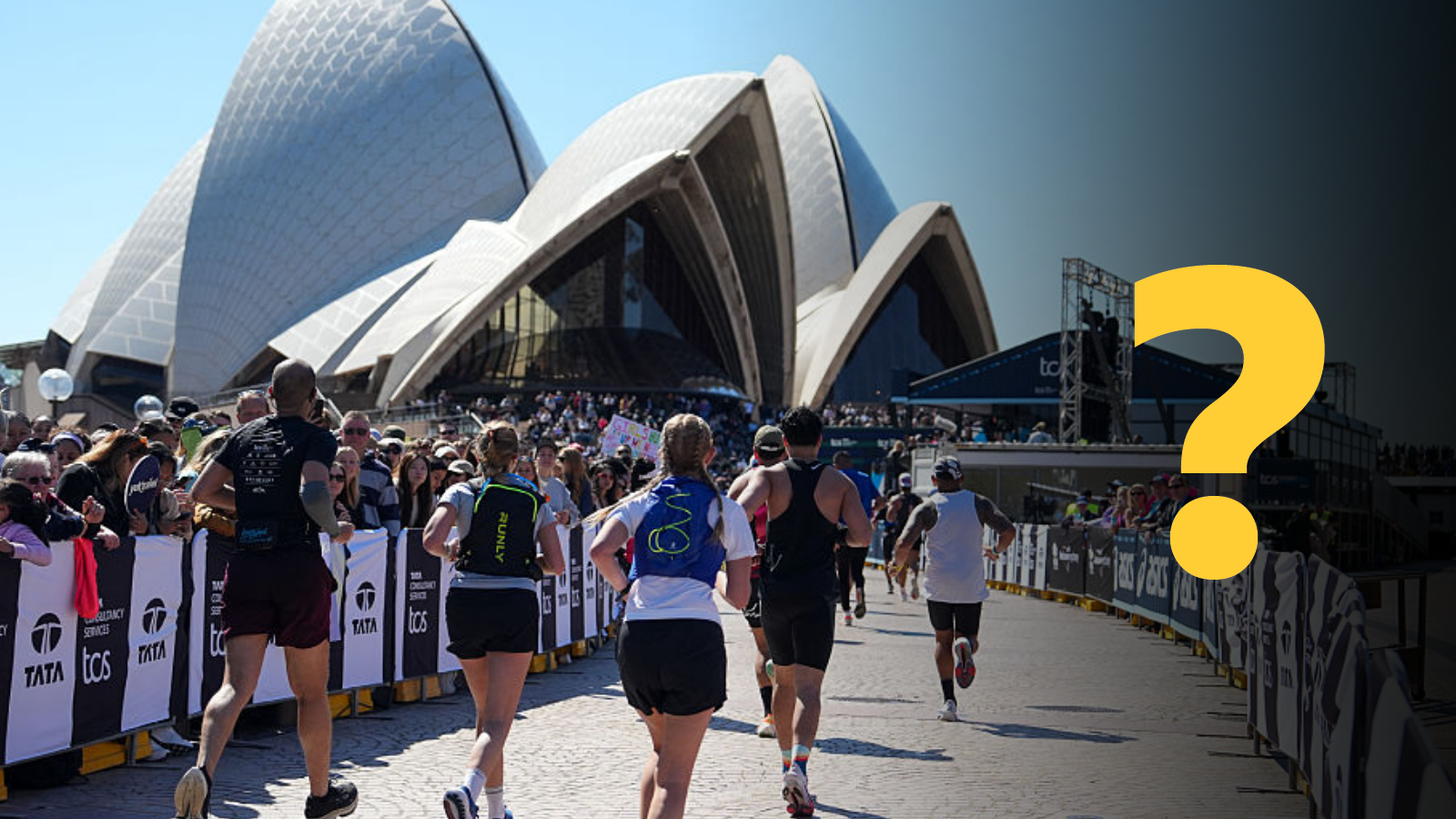 Picture of runners during the Sydney marathon with a yellow question mark graphic
