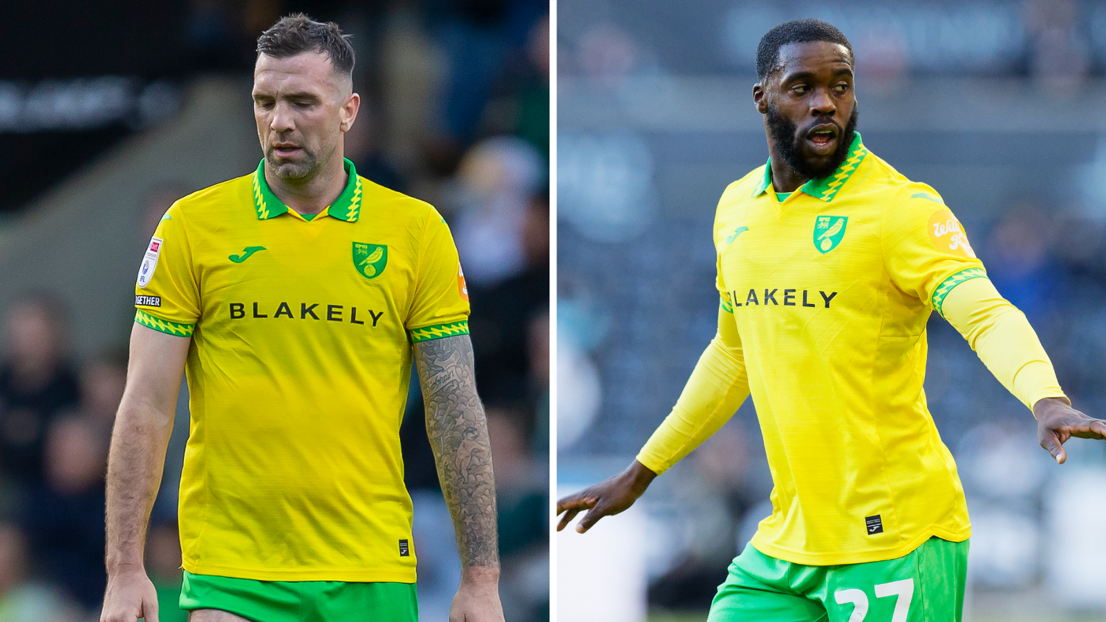 Side-by-side image of Shane Duffy and Jeffrey Schlupp playing for Norwich City in their yellow and green home kit